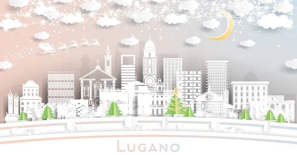 Lugano Suíça City Skyline Estilo Corte Papel Com Flocos Neve —  Vetores de Stock