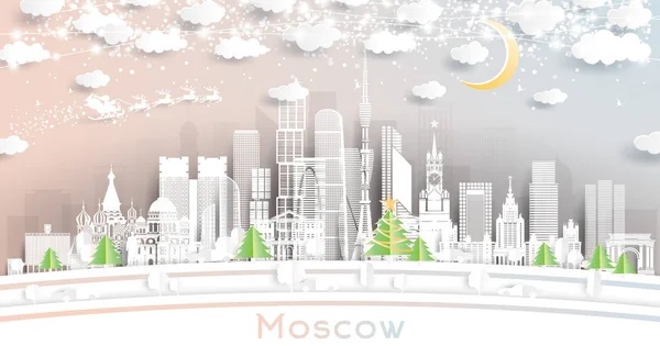 Moszkva Oroszország Város Skyline Papír Vágott Stílus Hópelyhek Hold Neon — Stock Vector