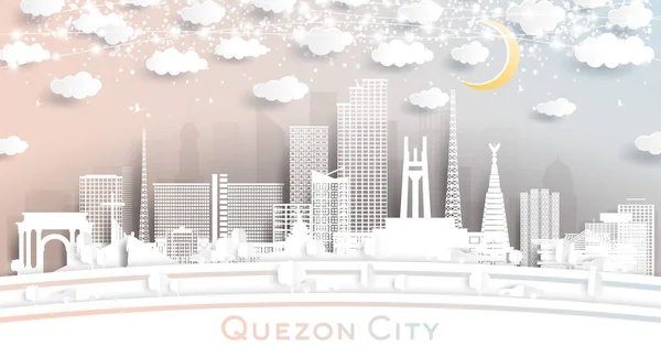 Quezon City Fülöp Szigetek Skyline Papír Vágott Stílus Fehér Épületek — Stock Vector