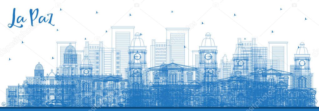 Outline La Paz Bolivia City Skyline with Blue Buildings. Vector Illustration. Business Travel and Tourism Concept with Historic Architecture. La Paz Cityscape with Landmarks.