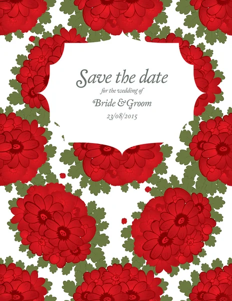 Guardar la fecha invitación a la boda plantilla de tarjeta con flores rojas — Vector de stock