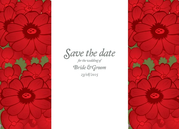 Opslaan van de datum bruiloft uitnodigen kaartsjabloon met rode bloemen — Stockvector