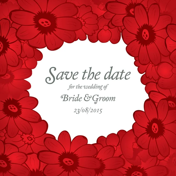 Zapisywanie daty ślubu Zapraszam szablon karty z czerwonych kwiatów — Wektor stockowy