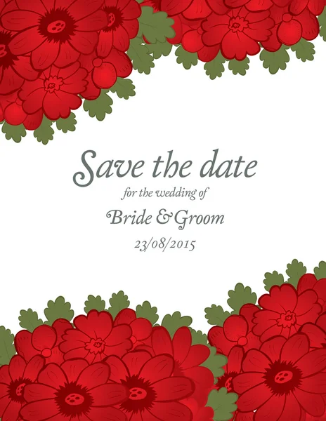 Salva il modello di invito alla data di nozze con fiori rossi — Vettoriale Stock