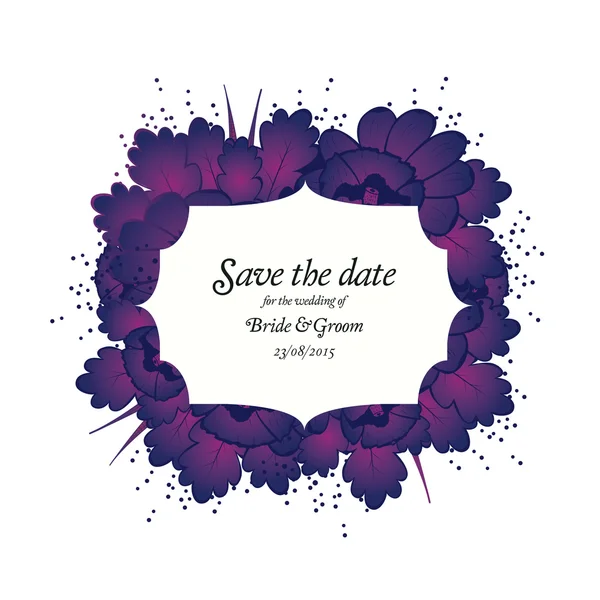 Tarjeta de invitación de boda con flores moradas — Vector de stock