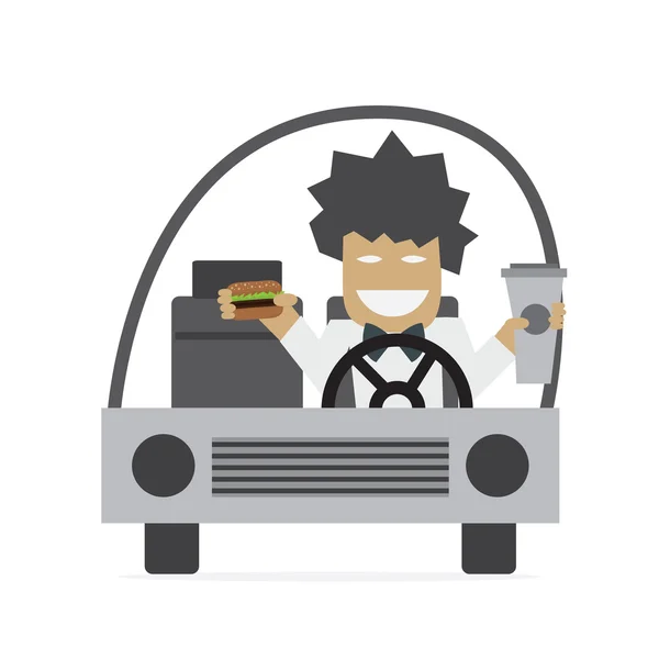 Άνθρωπος στο αυτοκίνητό κατανάλωση μπέργκερ και πίνοντας τον καφέ — Διανυσματικό Αρχείο