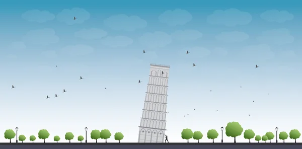 Torre Pisa com céu azul e turista — Vetor de Stock