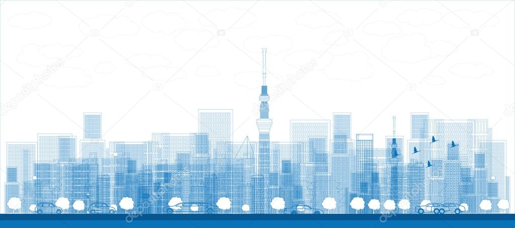 Outline Tokyo skyline with skyscrapers