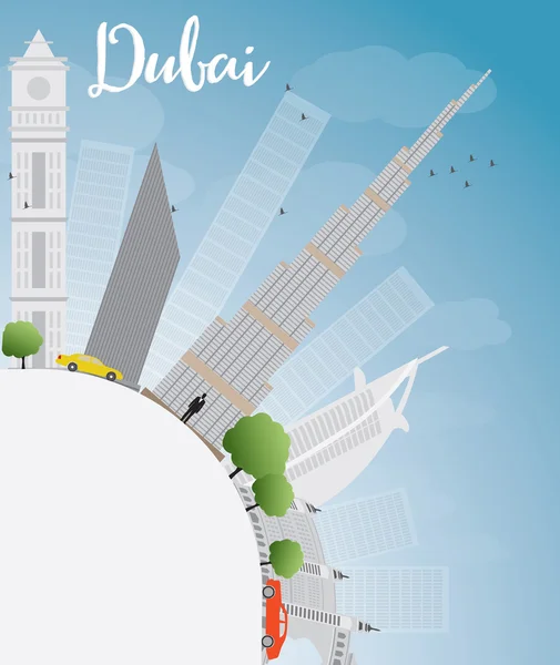 Dubai City skyline avec gratte-ciel gris, ciel bleu et copie spac — Image vectorielle