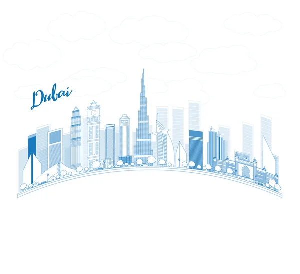 Esquema Dubai City skyline con rascacielos azules y espacio para copiar — Vector de stock