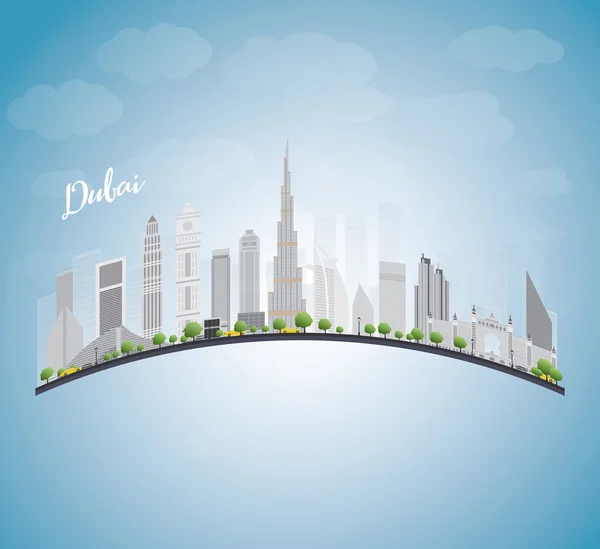 Skyline di Dubai City con grattacieli grigi, cielo blu e copia spac — Vettoriale Stock