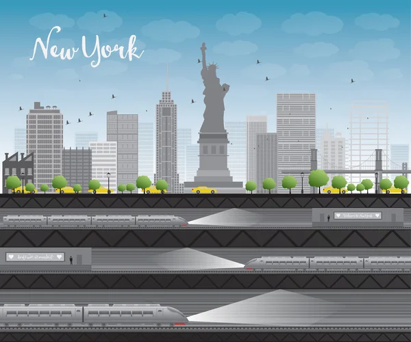 New York City Skyline mit blauem Himmel, Wolken, gelbem Taxi und Tram — Stockvektor