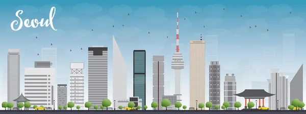 Skyline de Seúl con edificio gris y cielo azul — Vector de stock