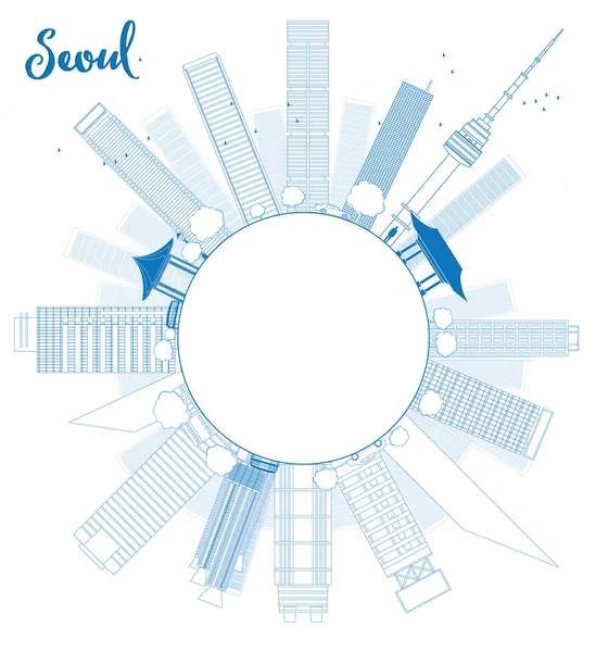 Esquema del horizonte de Seúl con edificio azul y espacio para copiar — Vector de stock