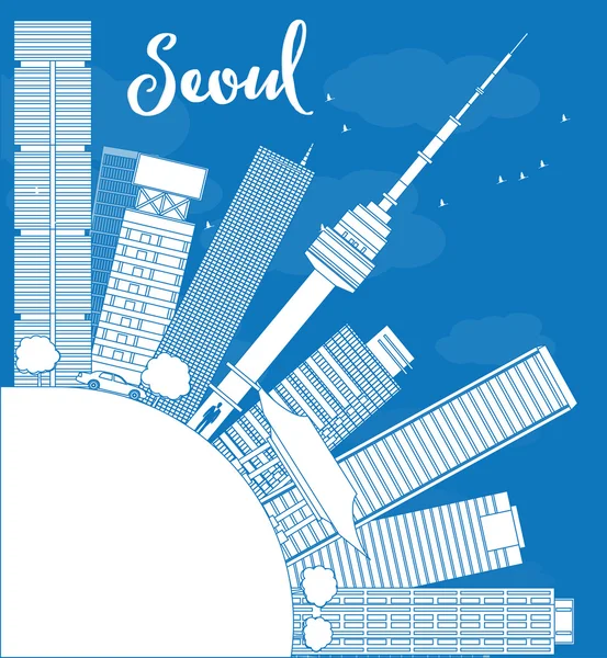 Overzicht Seoul skyline met blauwe gebouw en kopie ruimte — Stockvector