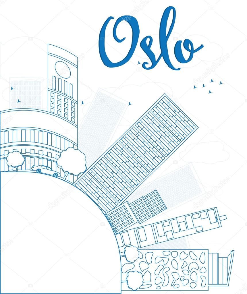 Outline Oslo Skyline with Blue Building and copy space