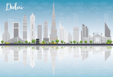 Dubai şehir manzarası gri gökdelenler, mavi gökyüzü ile reflectio