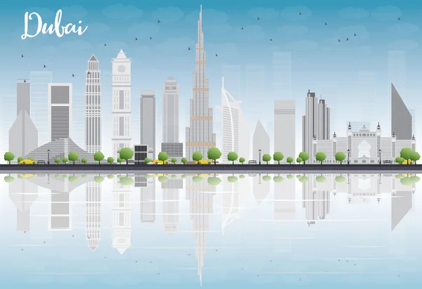 Dubai City skyline with grey skyscrapers, blue sky and reflectio — Stock Vector