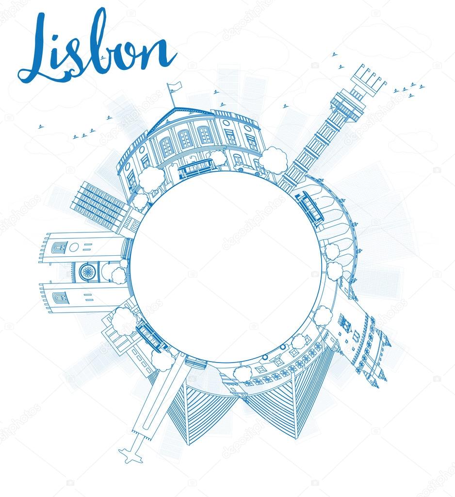 Outline Lisbon city skyline with blue buildings and copy space