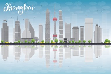 Mavi gökyüzü ve gri gökdelenler ile Shanghai manzarası
