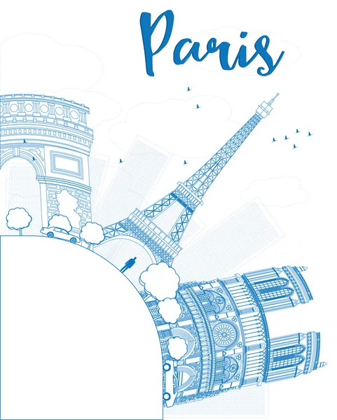 Outline Paris skyline with blue landmarks and copy space. — Stock Vector
