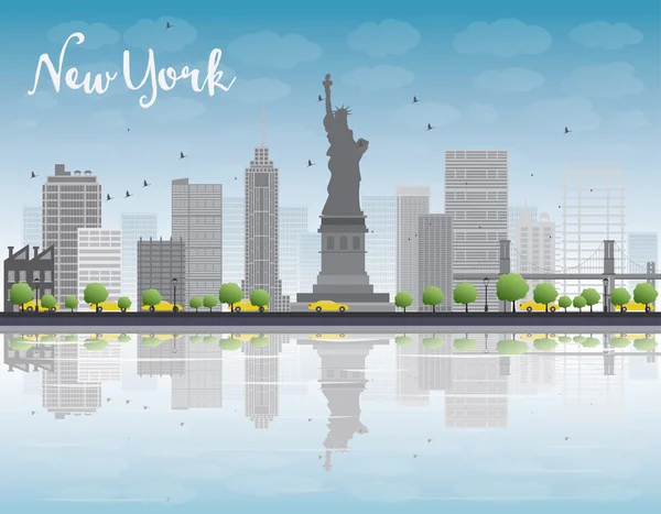 New York city skyline met grijs gebouw en blauwe hemel — Stockvector