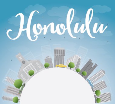 Honolulu Hawaii skyline with grey buildings, blue sky and copy s