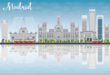 Madrid Skyline with grey buildings, blue sky and reflections. clipart