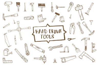 Hand drawn tool icons set, isolated