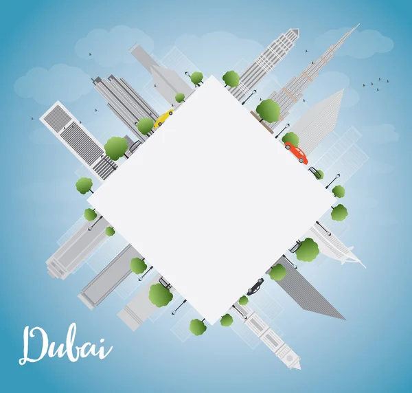 Dubai City skyline avec gratte-ciel gris, ciel bleu et copie spac — Image vectorielle