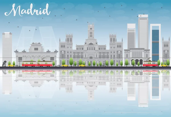 Madrid Skyline with grey buildings, blue sky and reflections. — Stockvector