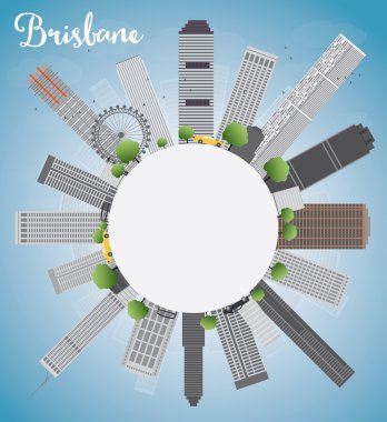 Brisbane skyline with grey building, blue sky and copy space