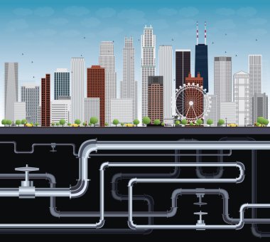 Imaginary Big City with Skyscrapers, Blue Sky, Trees and Tubes