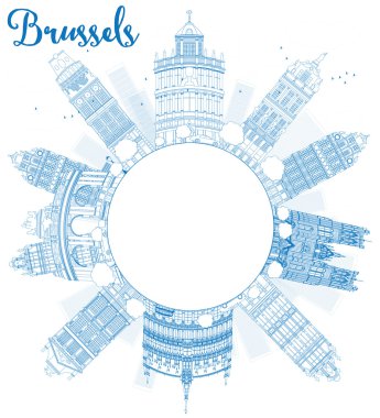 Outline Brussels skyline with blue building and copy space