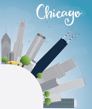 Chicago city skyline with grey skyscrapers, blue sky and copy sp