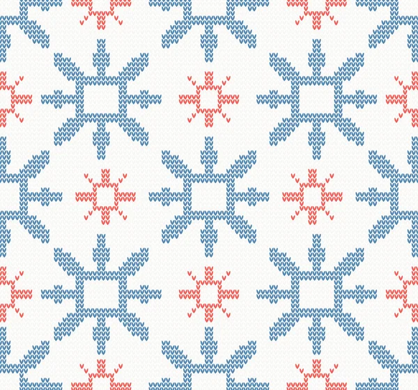 Patrón sin costura de punto de Navidad con copos de nieve azules y rojos — Vector de stock