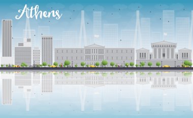 Athens Skyline with Grey Buildings, Blue Sky and reflections