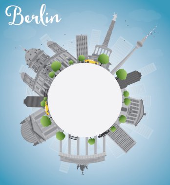 Berlin skyline with grey building, blue sky and copy space