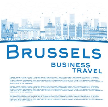 Outline Brussels skyline with blue building and copy space