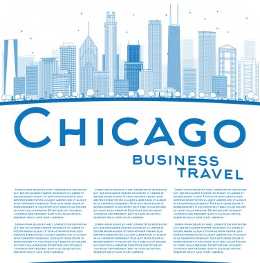 Outline Chicago city skyline with blue skyscrapers and copy spac