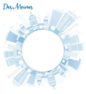Outline Des Moines Skyline with Blue Buildings and copy space