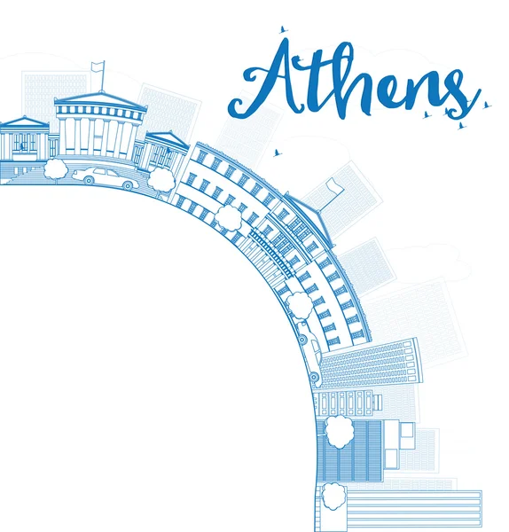 Esquema de Atenas Skyline con edificios azules y espacio de copia — Vector de stock
