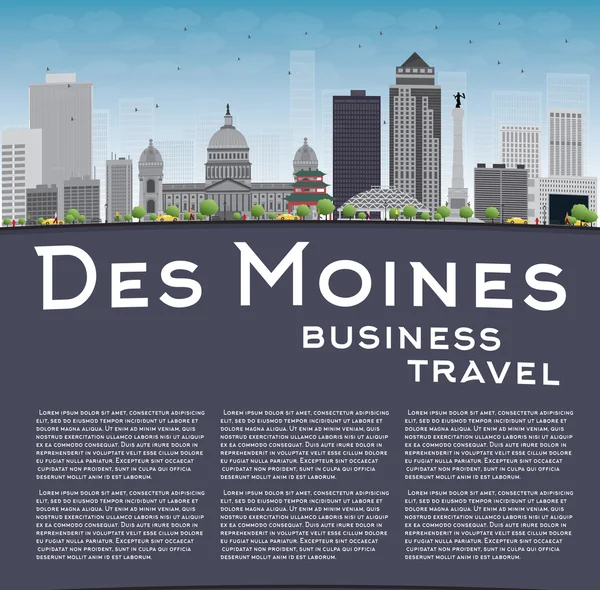 Des Moines Skyline with Grey Buildings, Blue Sky and copy space — ストックベクタ