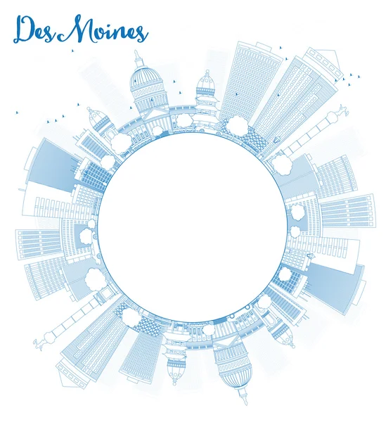 Outline Des Moines Skyline with Blue Buildings and copy space — ストックベクタ