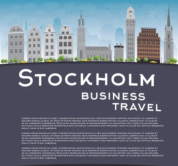 Stockholm manzarası ile gri binalar, mavi gökyüzü ve Kopyala yer. — Stok Vektör