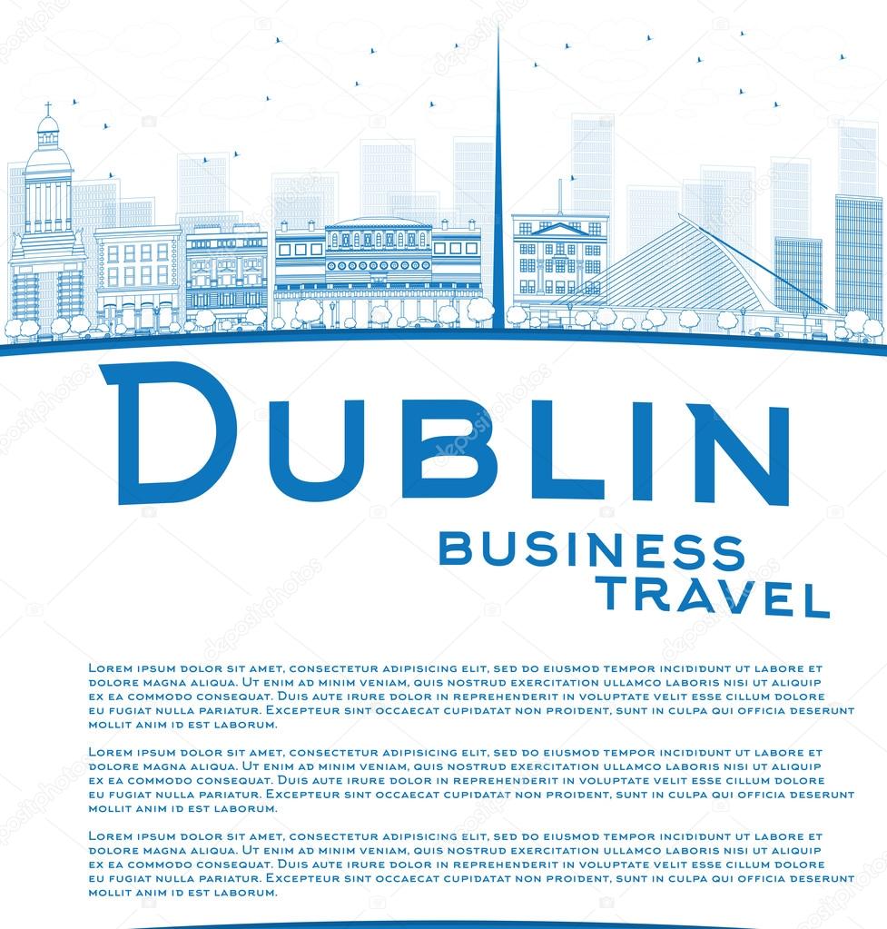 Outline Dublin Skyline with Blue Buildings and copy space
