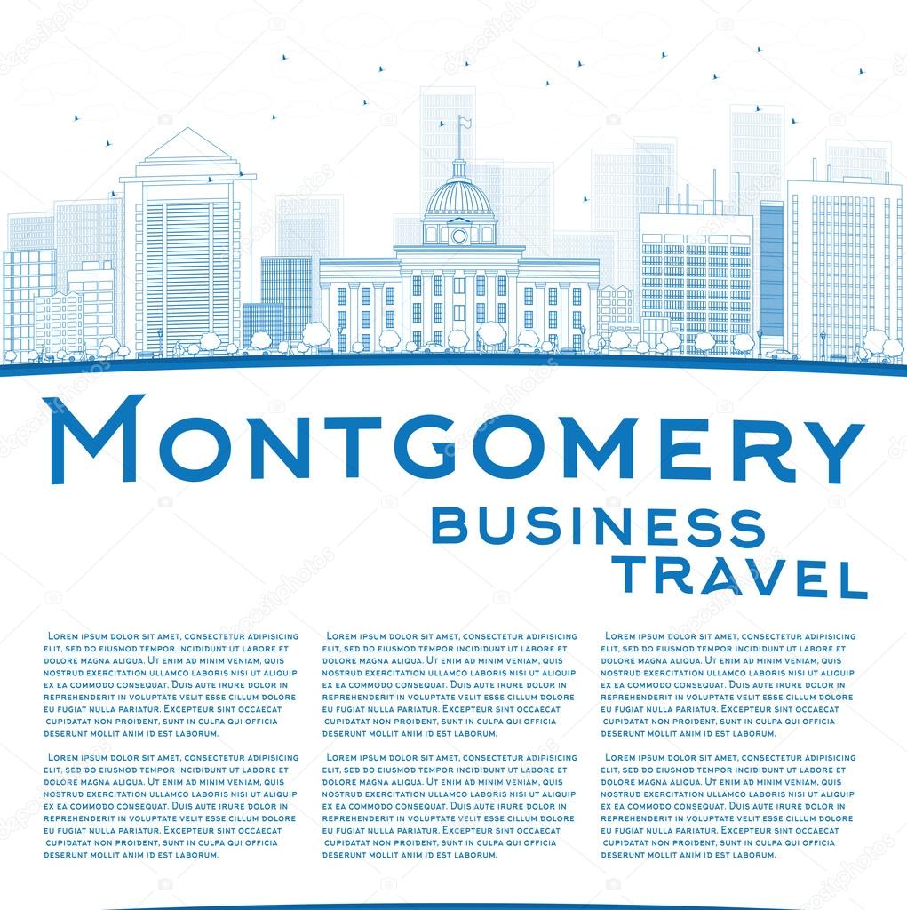Outline Montgomery Skyline with Blue Buildings and copy space