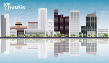 Phoenix manzarası ile gri binalar, mavi gökyüzü ve yansımaları