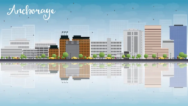 Anchorage (Alaska) Skyline con edificios grises y reflexiones — Vector de stock