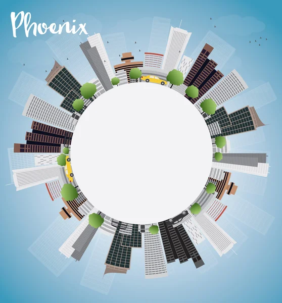 Phoenix Skyline с серыми зданиями, голубым небом и пространством для копирования — стоковый вектор